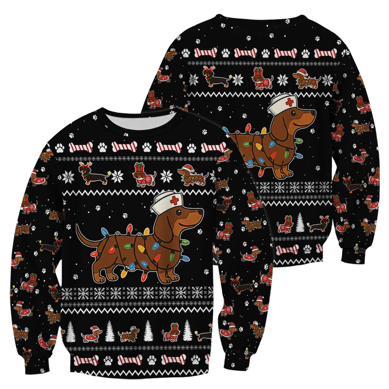 Christmas Dachshund Nurse Scrub Top for Women - Cute Sausage Dog Wearing Lights - Funny Holiday Medical Shirt Gift for RN CNA LPN