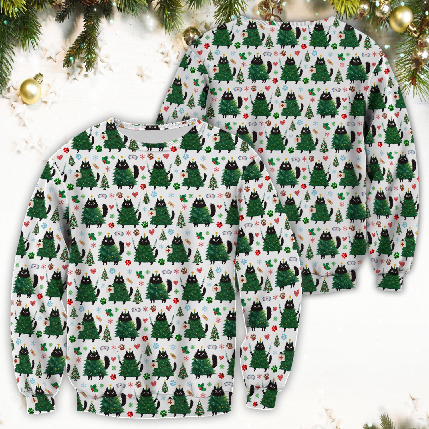 Christmas Nurse Scrub Top, Xmas Black Cat Pattern Nurse Shirt,  Breathable Fabrics Nursing Uniform