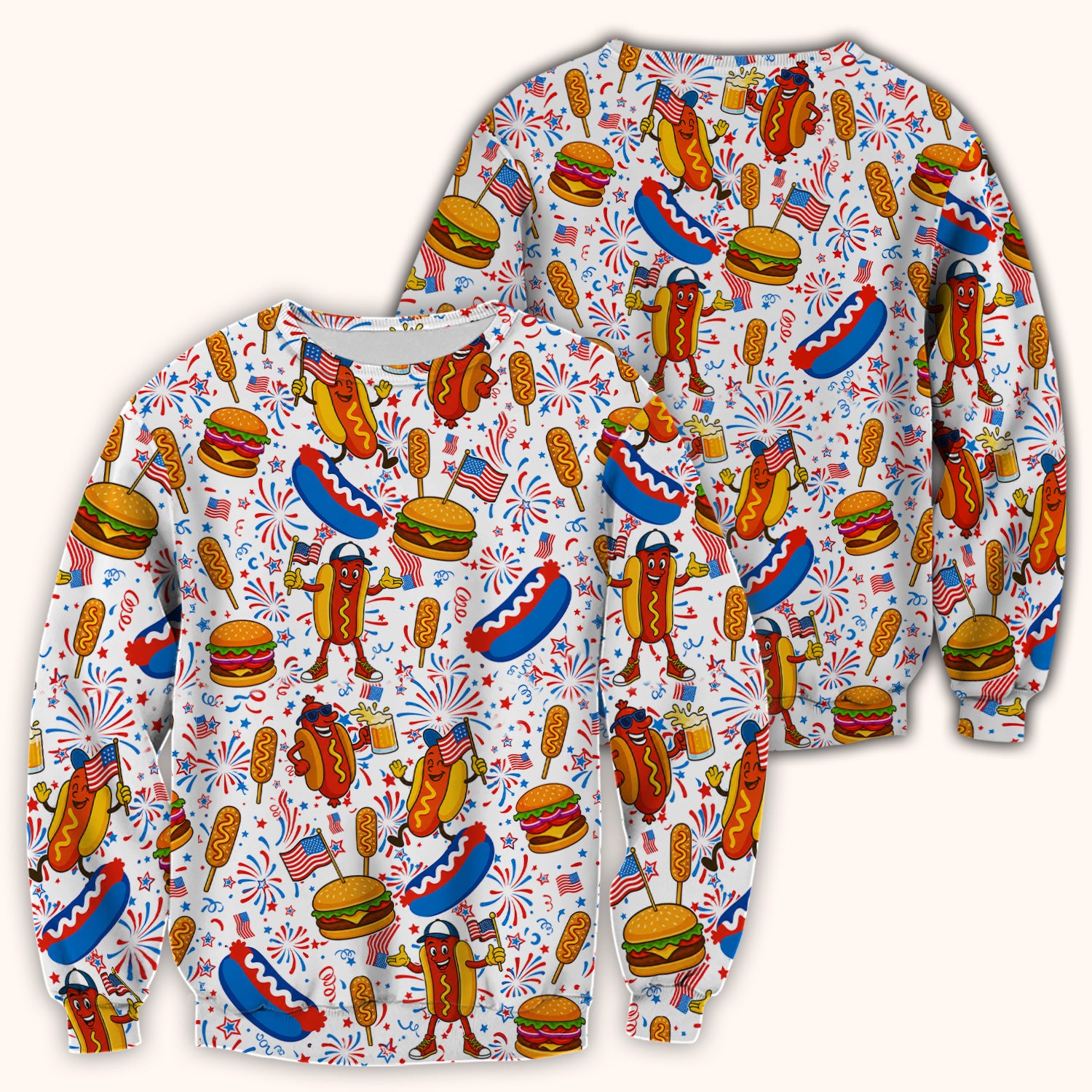 Patriotic Hot Dog Burger Fireworks Scrub Top, Comfortable Scrubs for Nurses