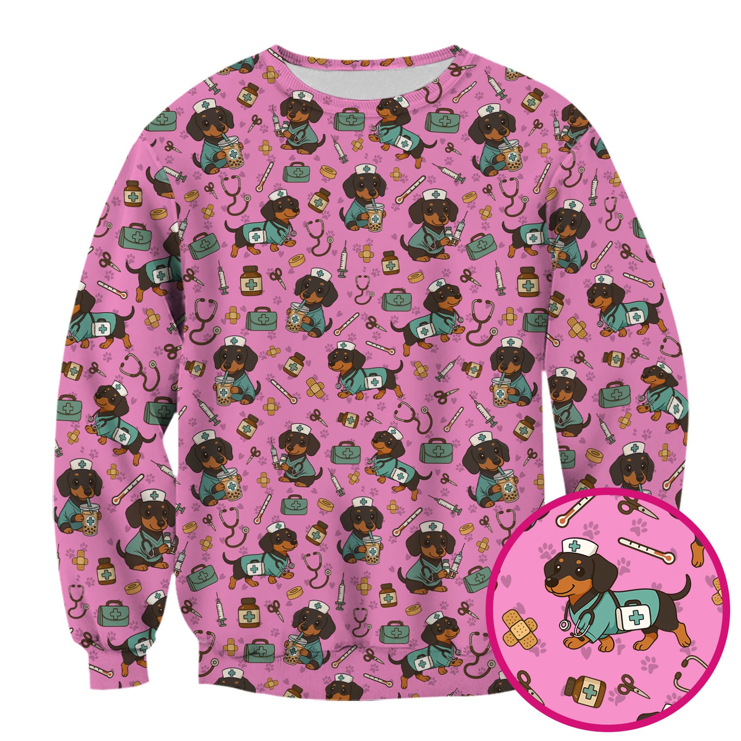 Funny Dachshund Nurse Scrubs - Cute Dog Print Medical Shirt - Holiday Nurse Scrub Top Gift for RN CNA Doctor, Women & Men
