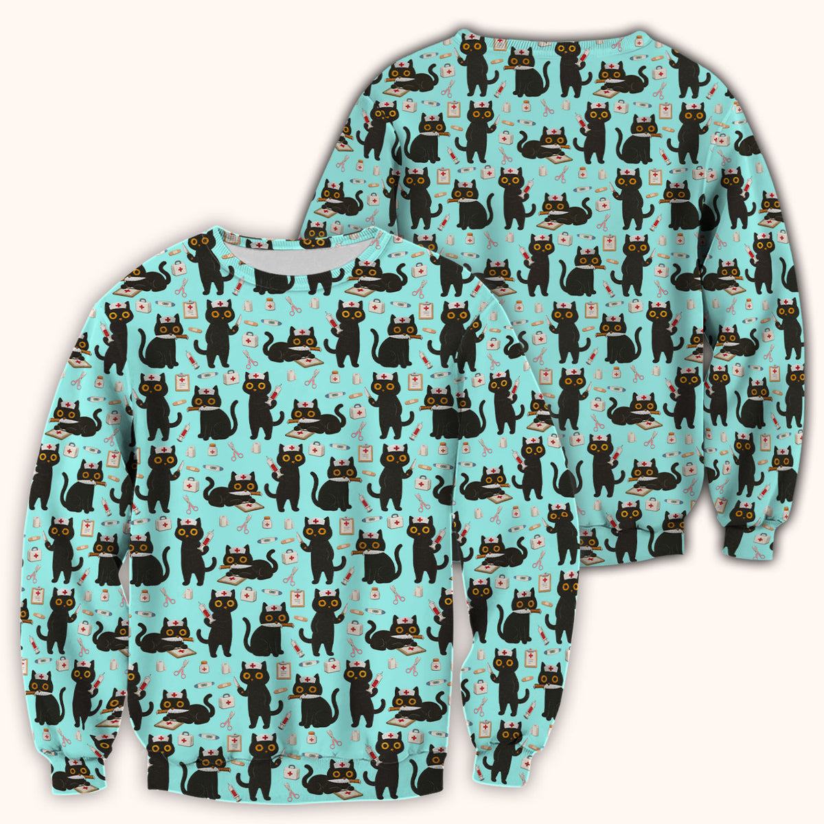 Cute Black Cat Nurse Pattern Scrub Top, Comfortable Scrubs for Nurses