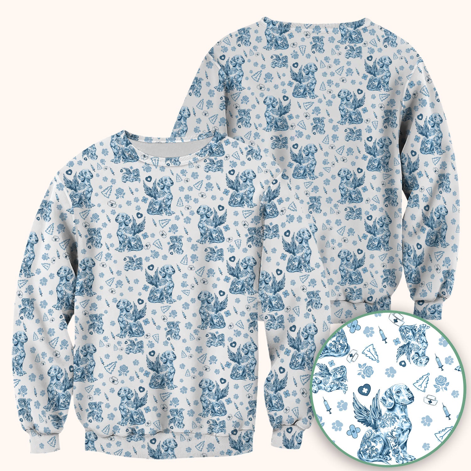 Toile de Jouy Dachshund Angel Scrub Top - Blue Vintage Dog Nurse Shirt - Memorial Christmas Gift