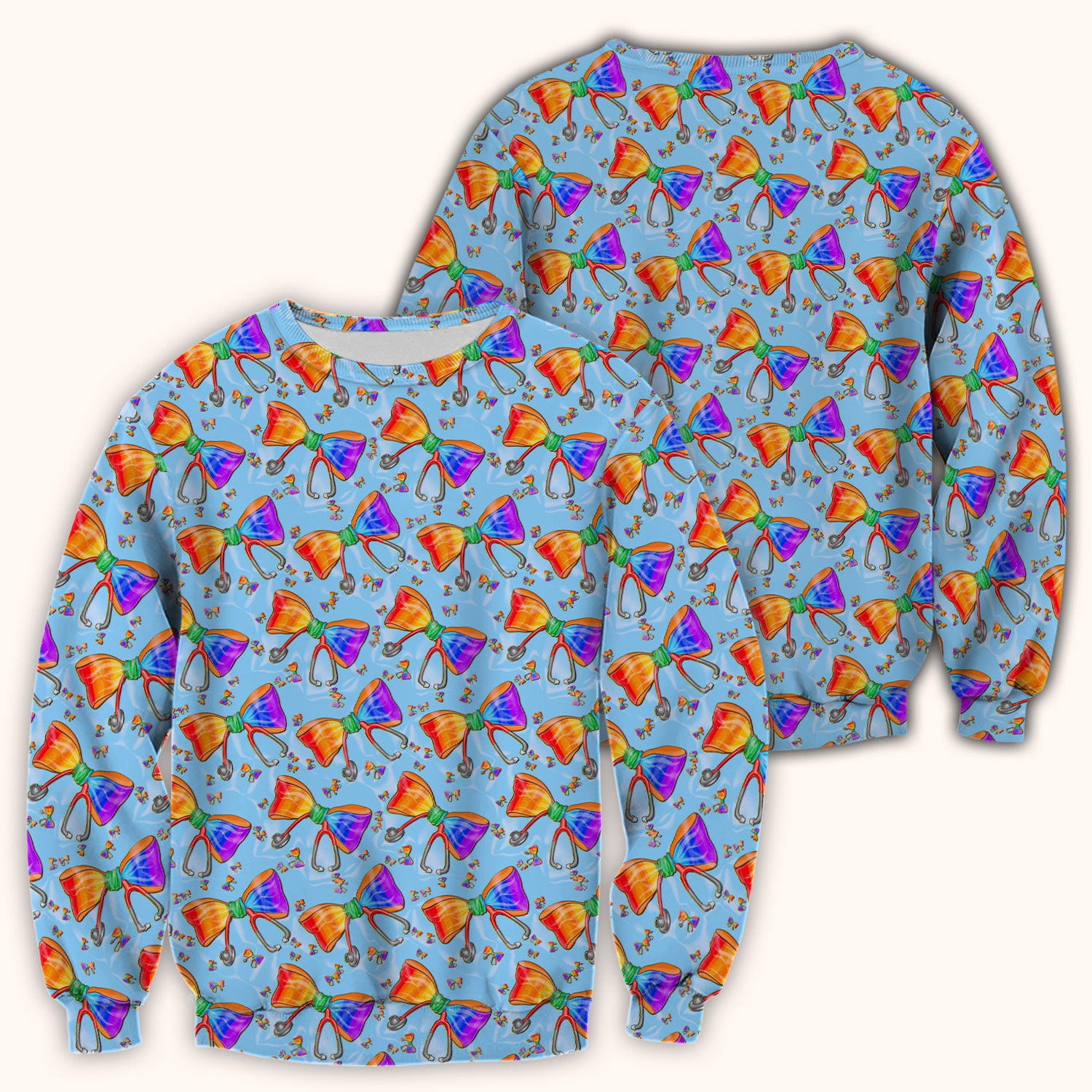 Colorful Rainbow Bow Stethoscope Pattern Scrub Top, Breathable Fabrics Nursing Uniform