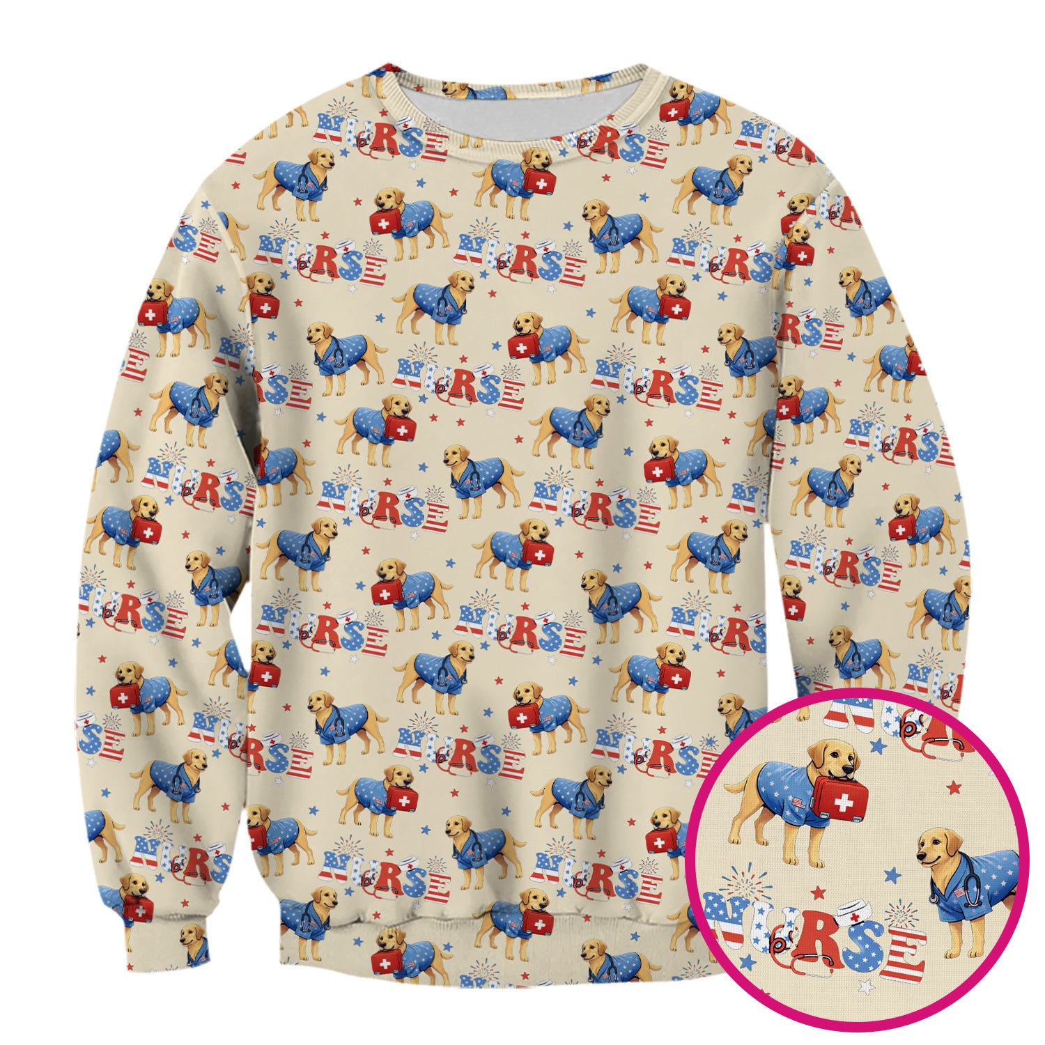 Patriotic Nurse Dog Medical Pattern Scrub Top, Breathable Fabrics Nursing Uniform