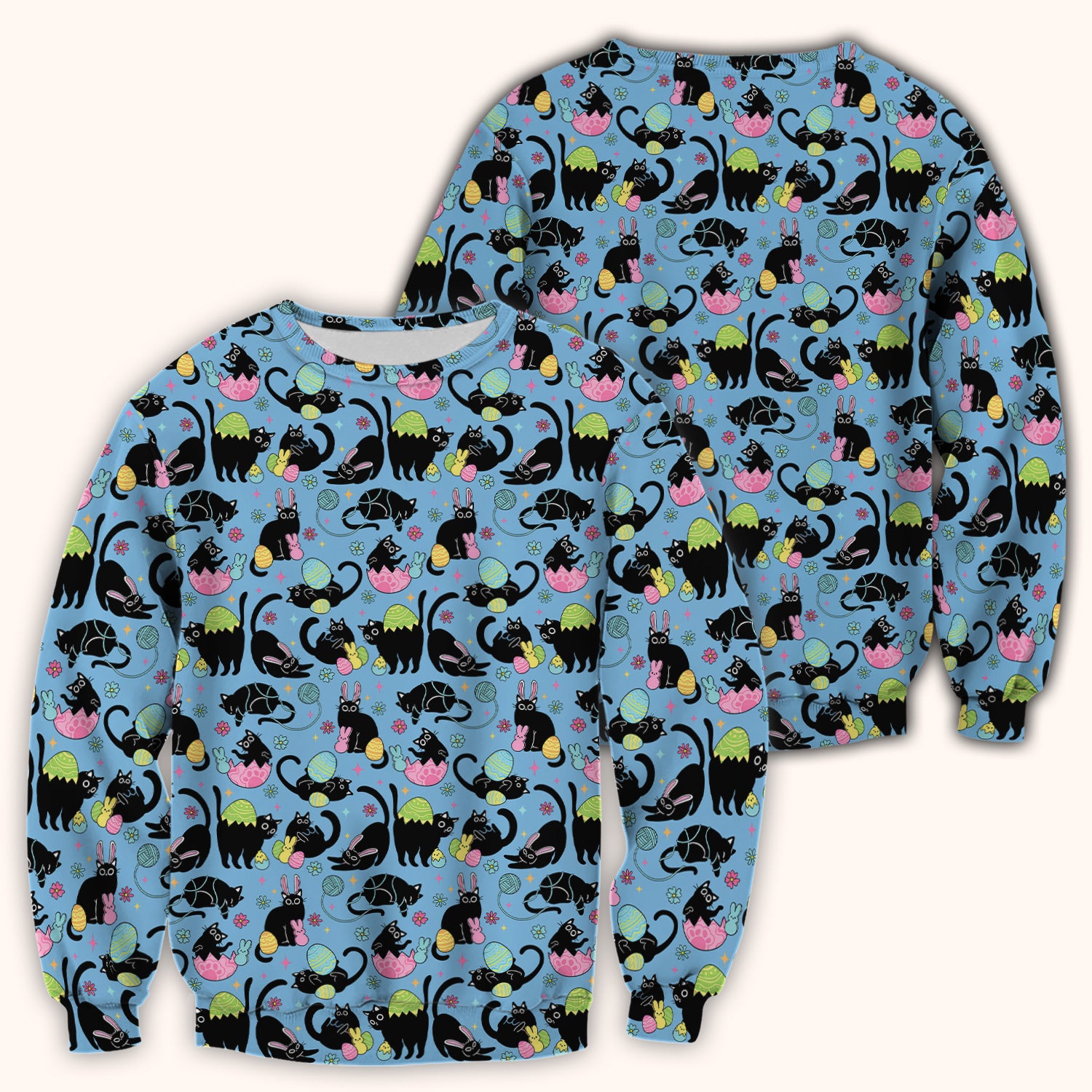 Funny Easter Black Cat Egg Pattern Scrub Top, Breathable Fabrics Nursing Uniform