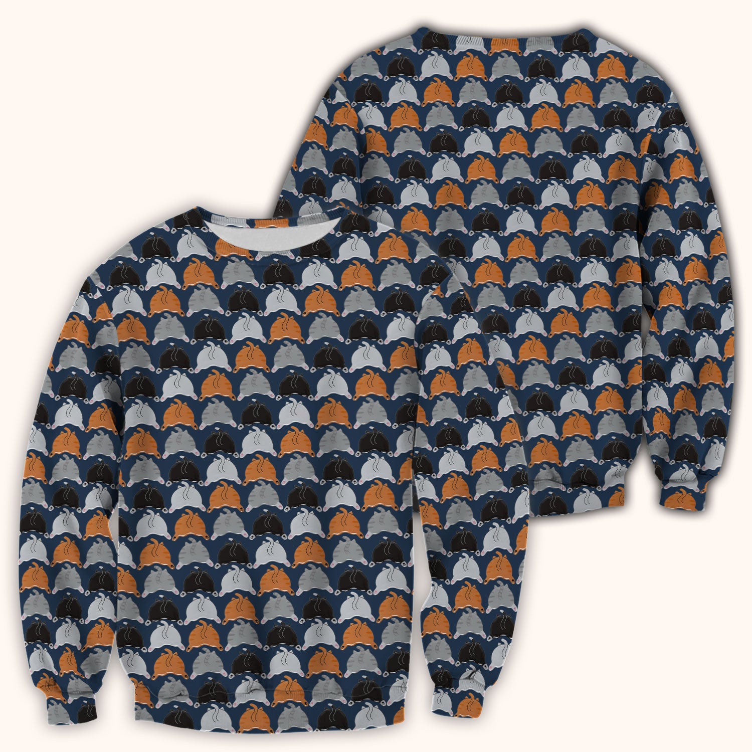 Playful Multicolor Cat Print Scrub Top, Breathable Fabrics Nursing Uniform