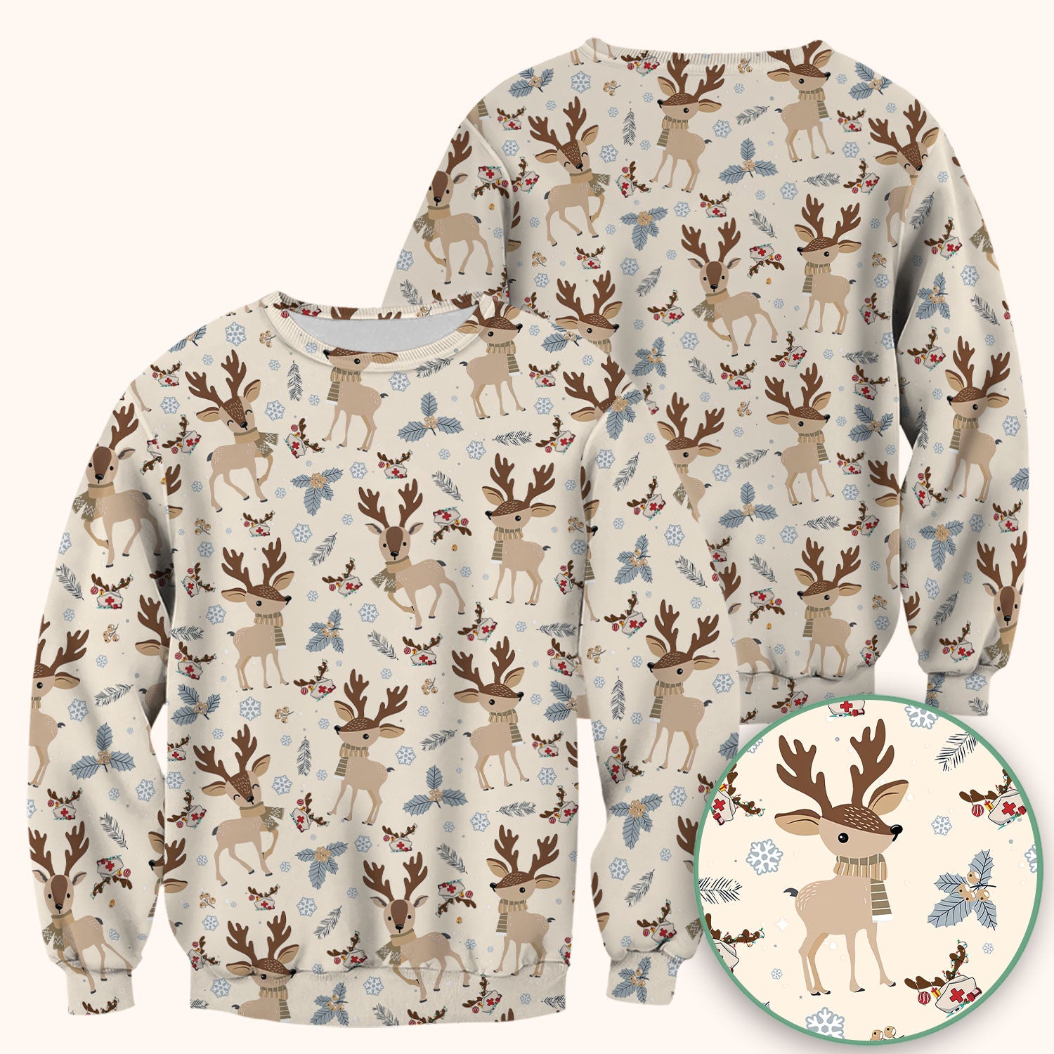 Reindeer Christmas Scrub Top - Cozy Beige Holiday Nurse Shirt with Cute Deer Pattern - Festive Medical Scrubs for Women RN CNA LPN