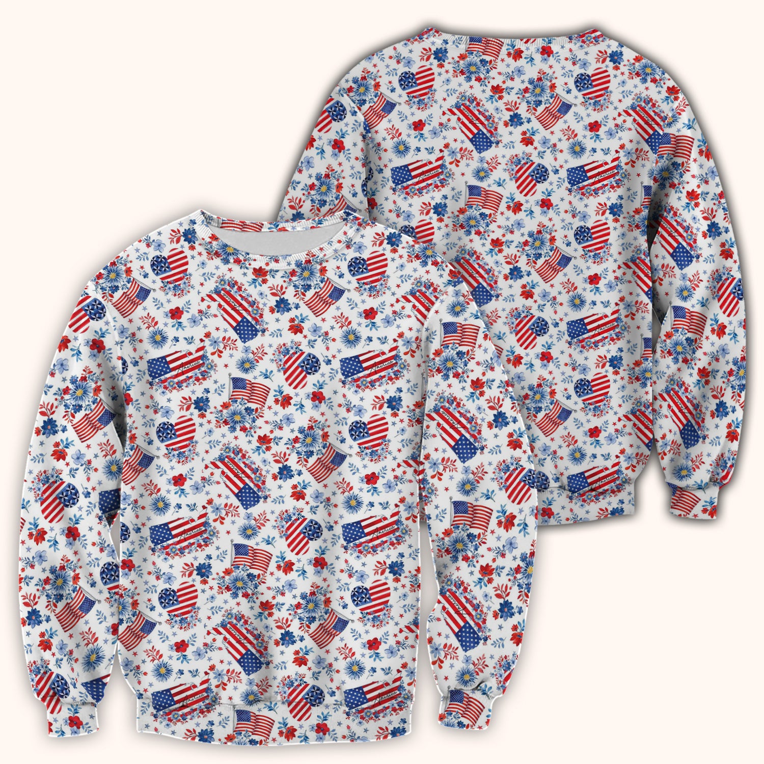 Festive American Flag Heart Floral Pattern Scrub Top, Comfortable Scrubs for Nurses