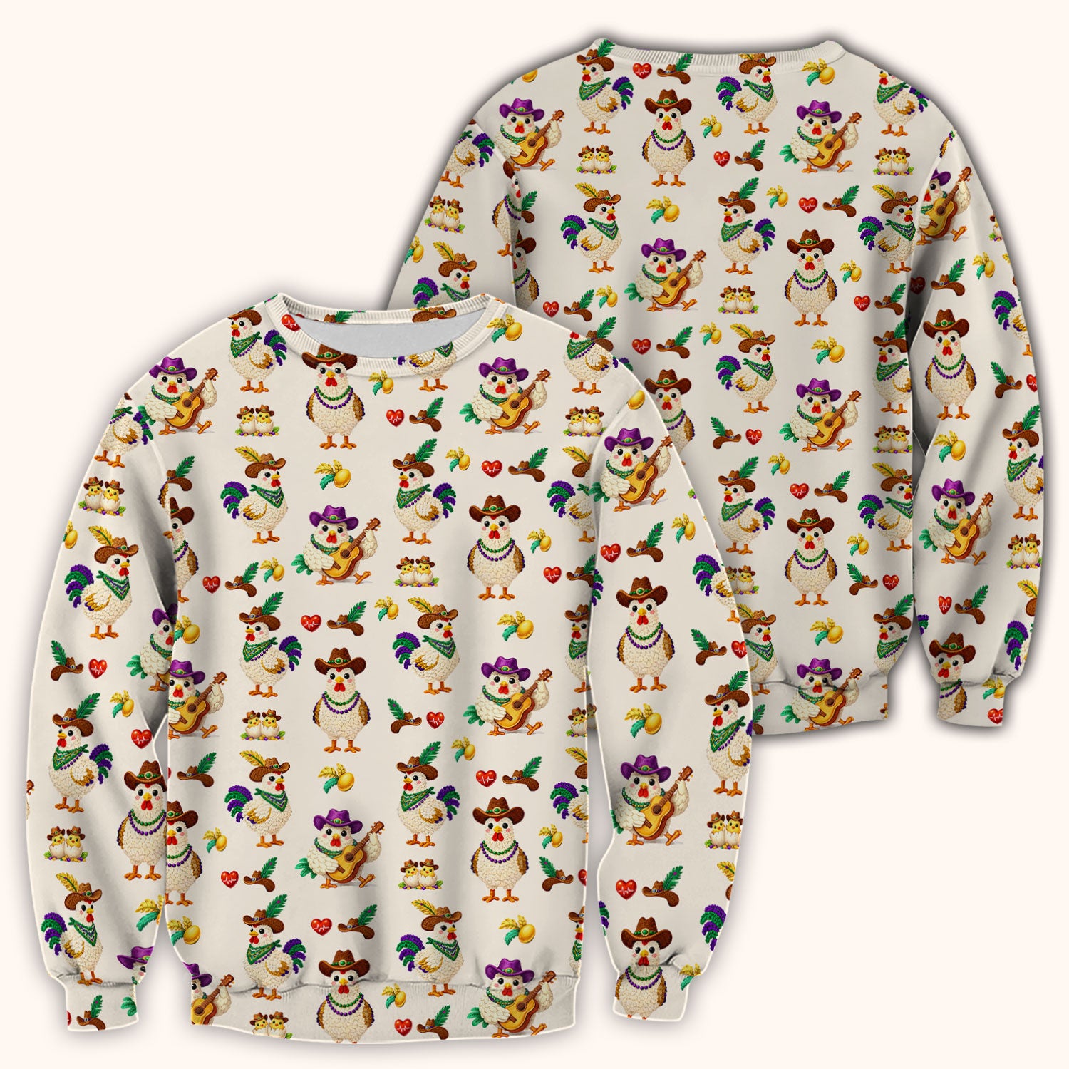 Funny Mardi Gras Rooster Cowboy Print Scrub Top, Comfortable Scrubs for Nurses