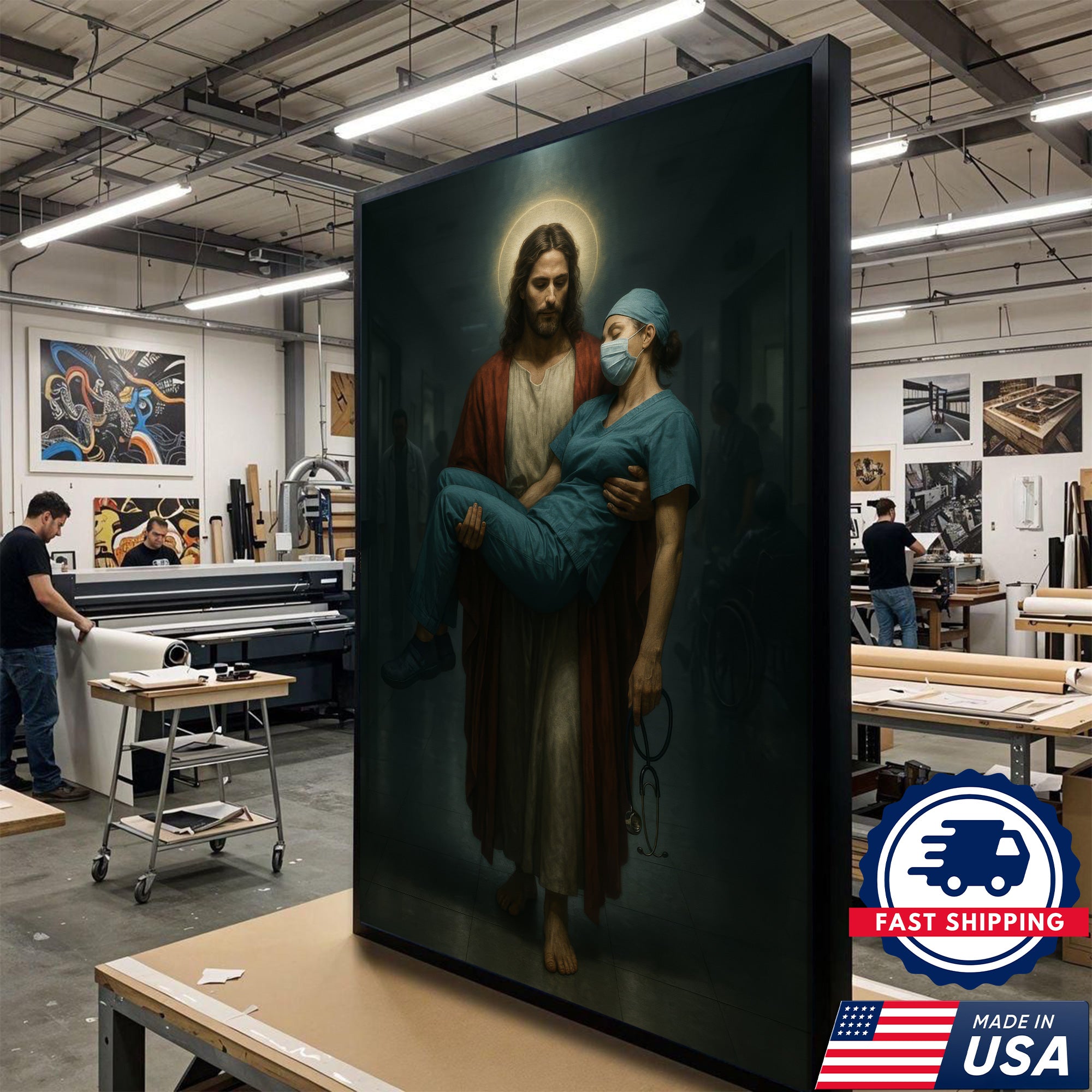 Jesus Carrying Nurse Canvas Wall Art, Christian Inspirational Gift, RN LPN CNA Gift