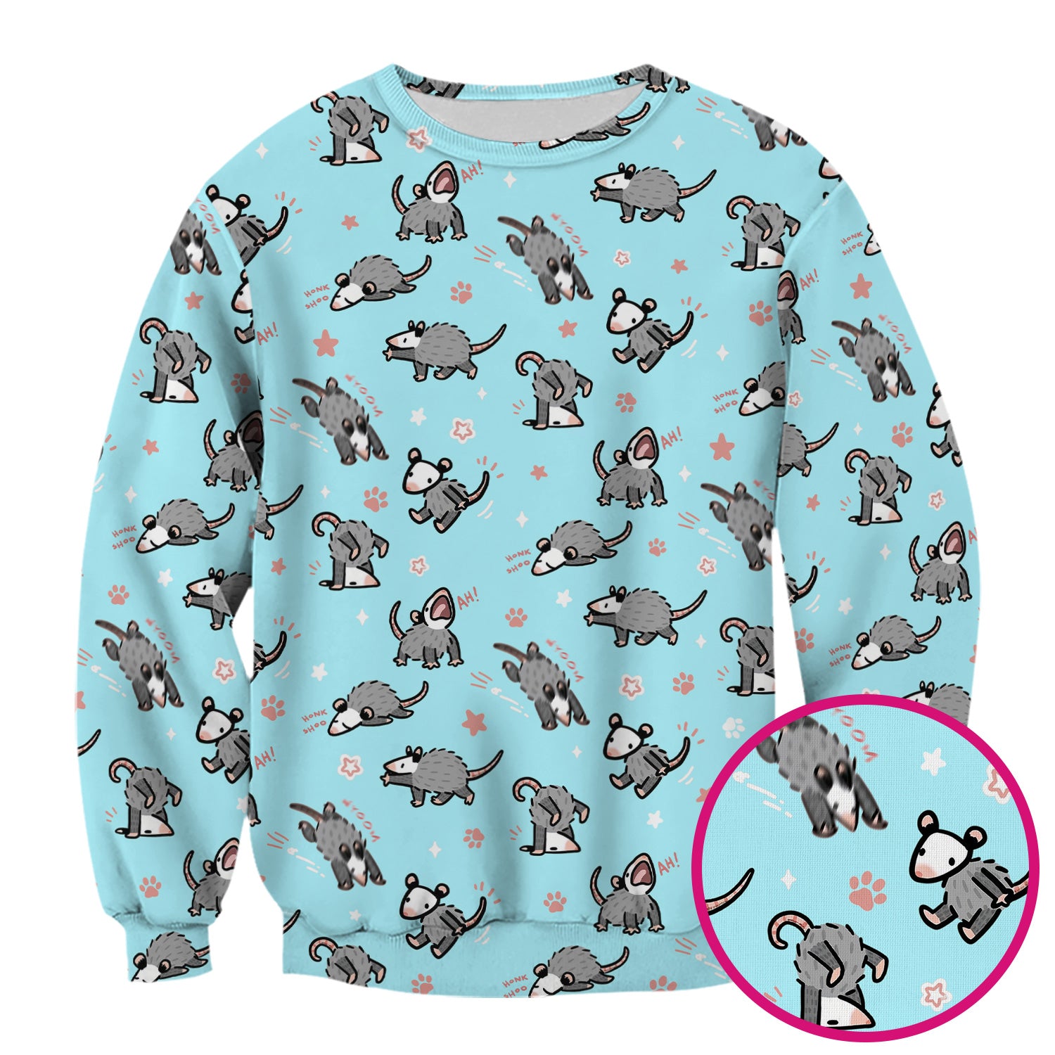 Playful Cartoon Opossum Character Pattern Scrub Top, Breathable Fabrics Nursing Uniform