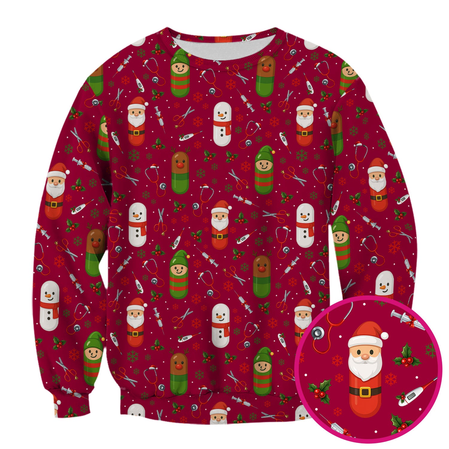 Santa Christmas Scrubs Set - Fun Holiday Pattern with Reindeer and Snowman - Cute Medical Scrub Top and Pants for Nurses