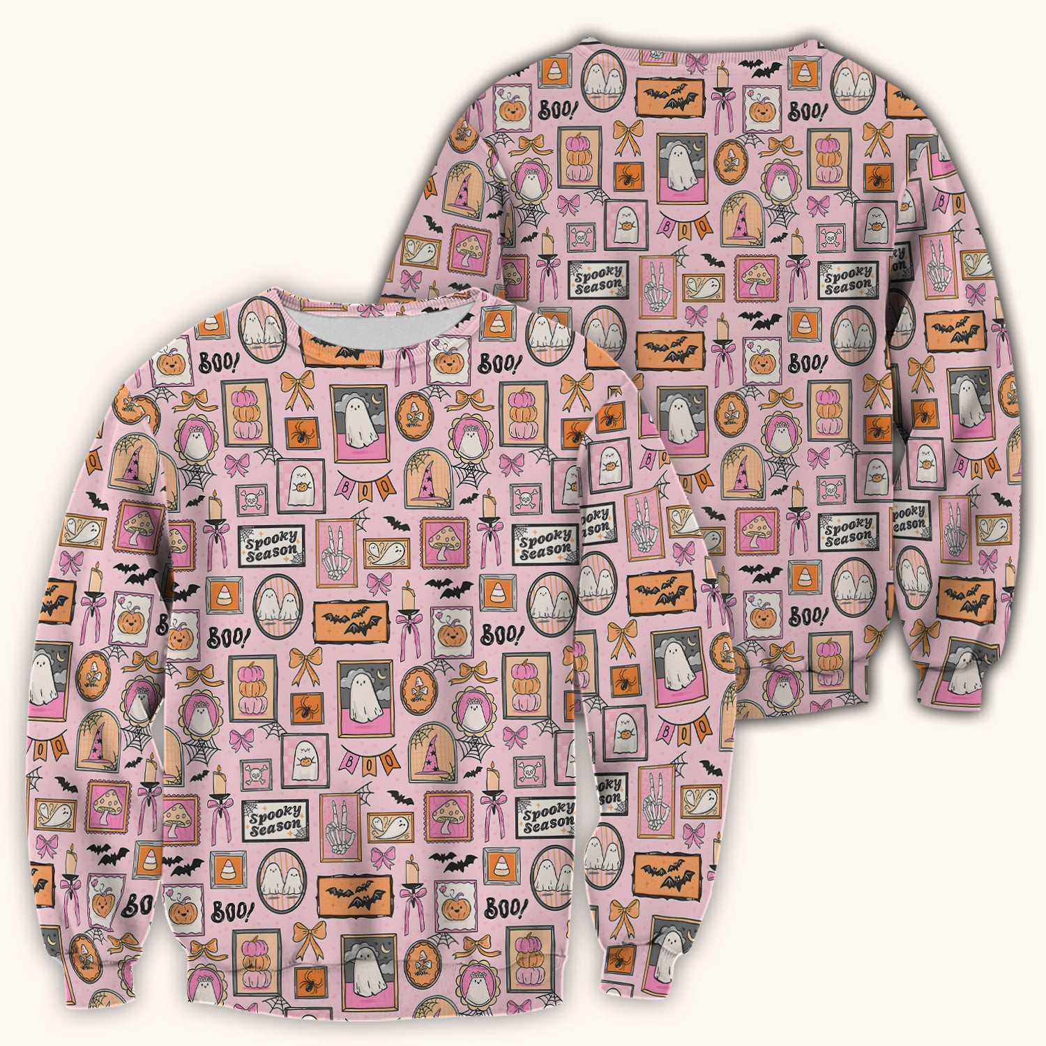 Pink Halloween Ghost Gallery Print Scrub Top, Comfortable Scrubs for Nurses