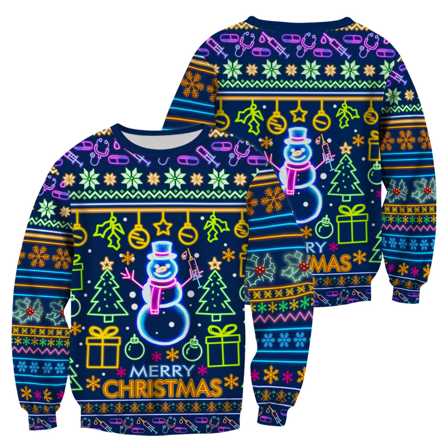 Neon Snowman Christmas Scrub Top for Nurses - Merry Christmas Holiday Lights Pattern - Funny Festive Medical Uniform for RN LPN CNA