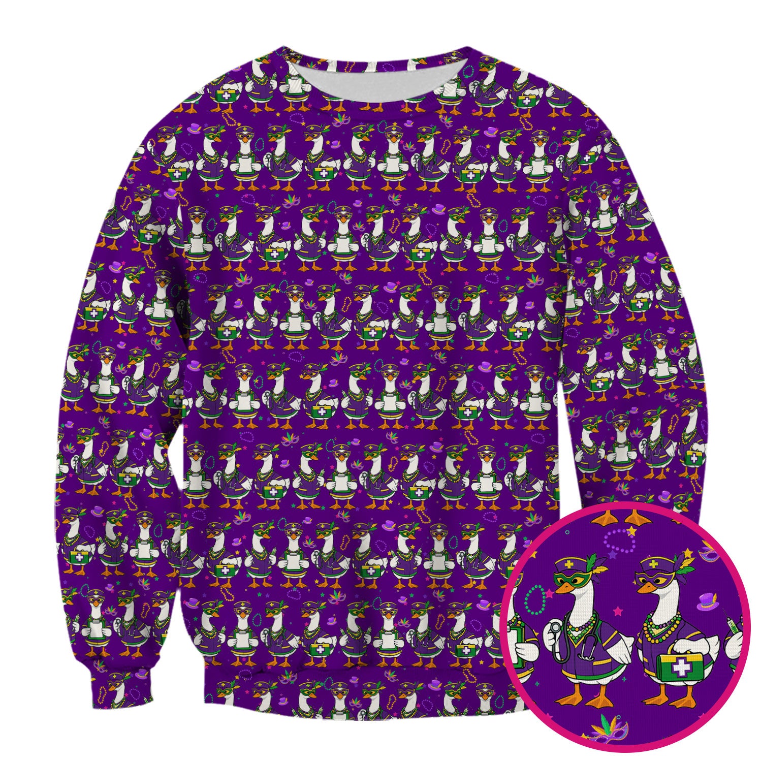 Mardi Gras Nurse Goose Scrub Top, Purple Carnival Parade Medical Pattern Nurse Shirt, Breathable Fabrics Nursing Uniform