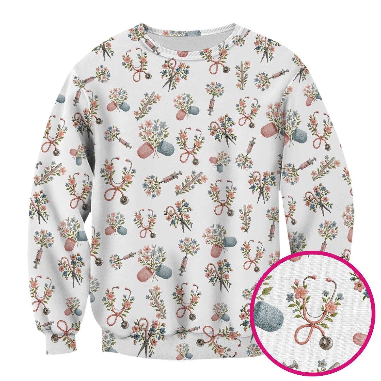 Floral Medical Scrub Top, Elegant Stethoscope With Flower Nursing Shirt, Breathable Fabrics Nurse Uniform