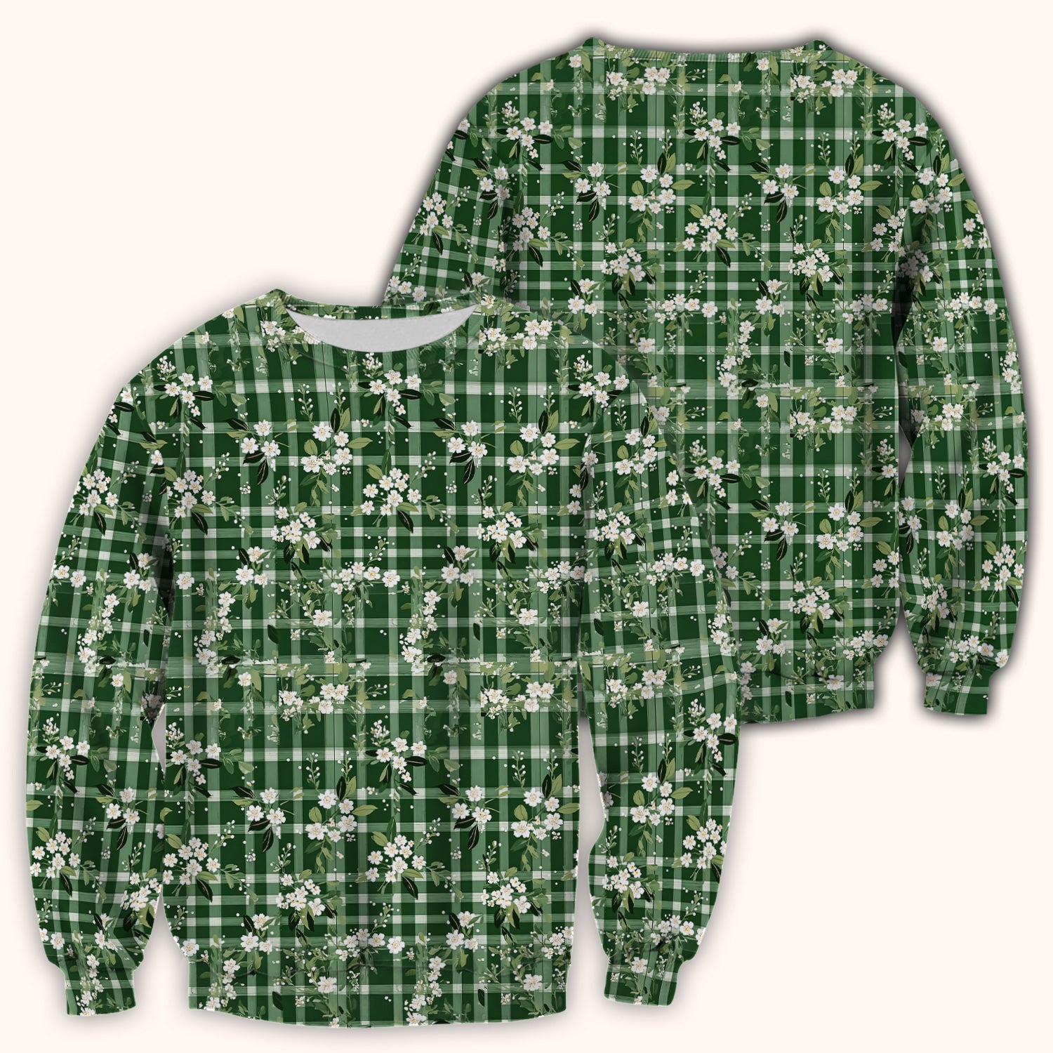 Cute Green Gingham Floral Print Scrub Top, Breathable Fabrics Nursing Uniform
