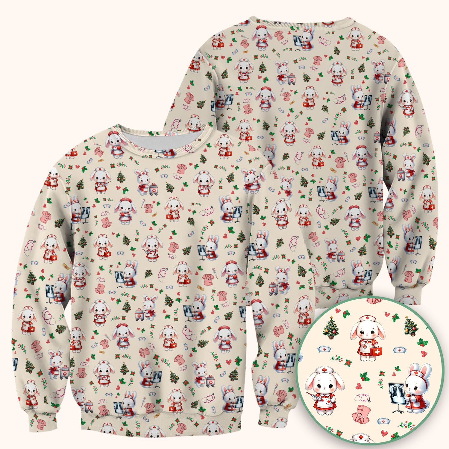 Cute Bunny Scrub Top for Nurse - Adorable Christmas Rabbit Shirt - Funny Holiday Medical Shirt Gift for Women RN LPN CNA