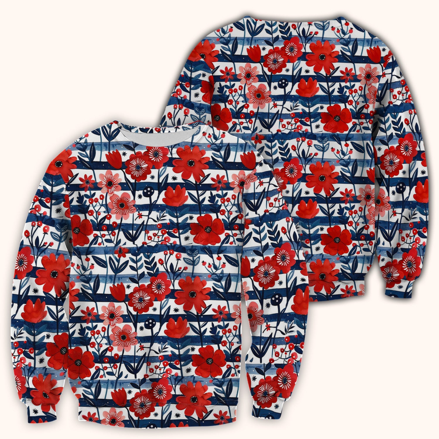 Red Poppy Navy Stripe Pattern Scrub Top, Comfortable Scrubs for Nurses