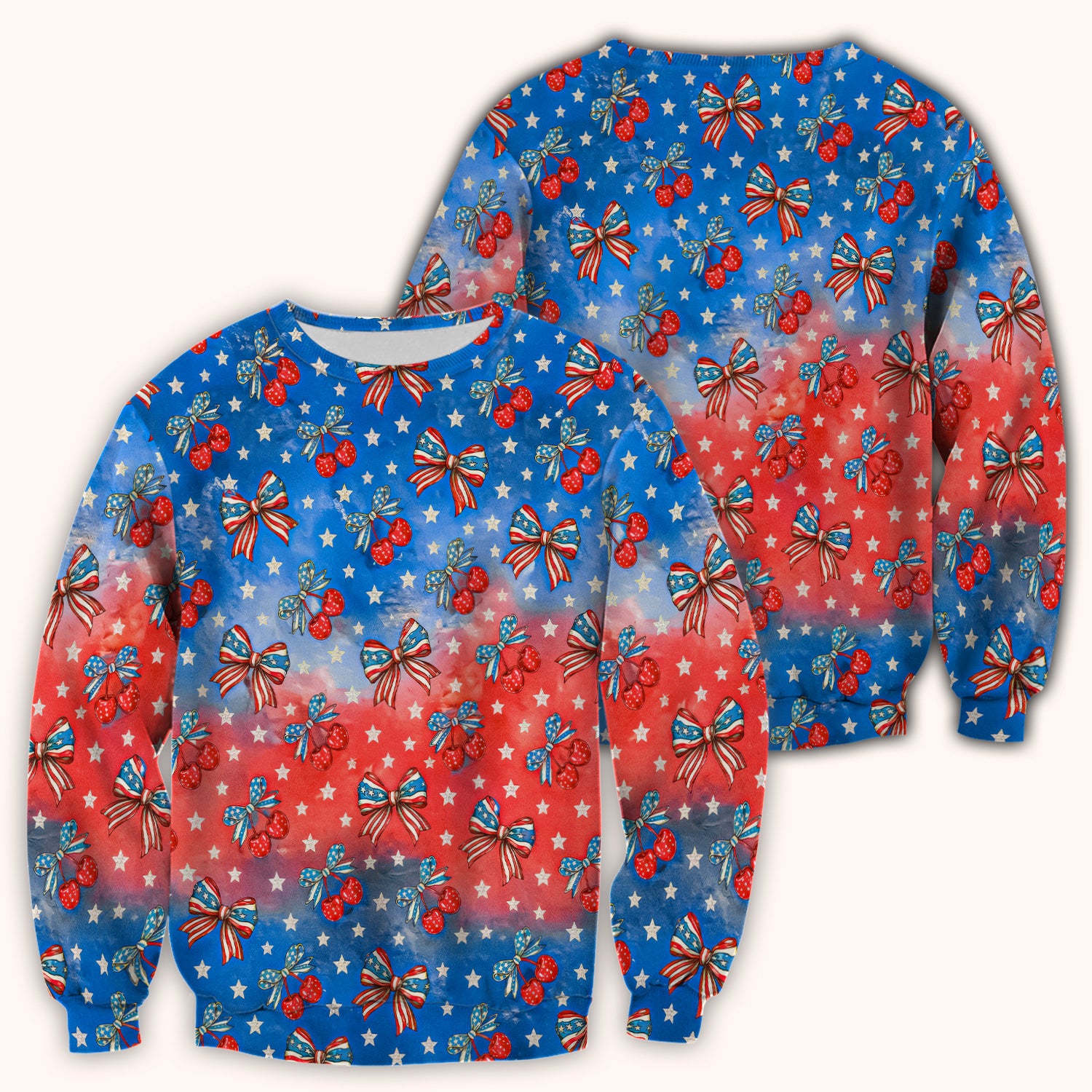 Festive Patriotic Star Bow Cherry Pattern Scrub Top, Comfortable Scrubs for Nurses