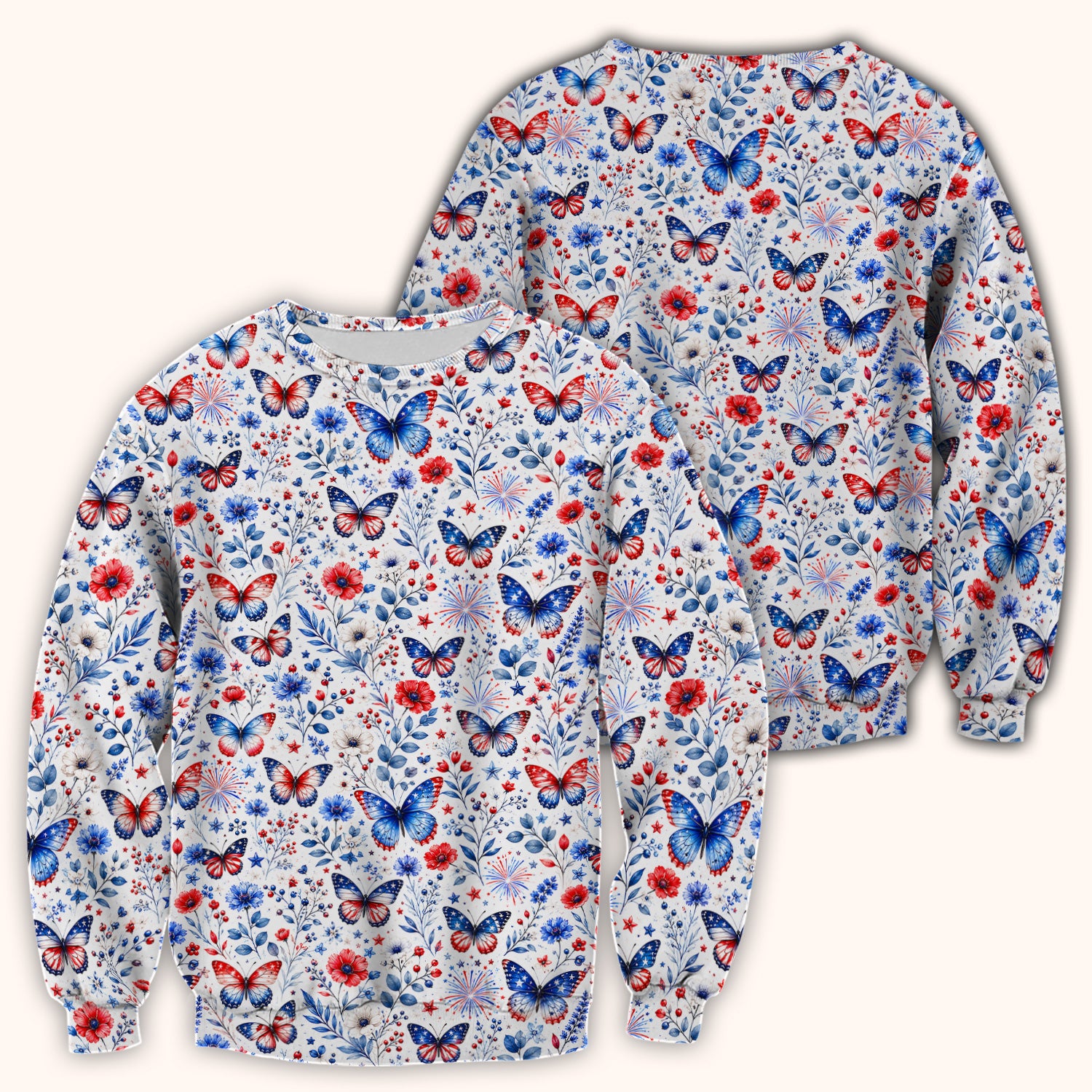 Patriotic Butterfly Fireworks Floral Pattern Scrub Top, Comfortable Scrubs for Nurses