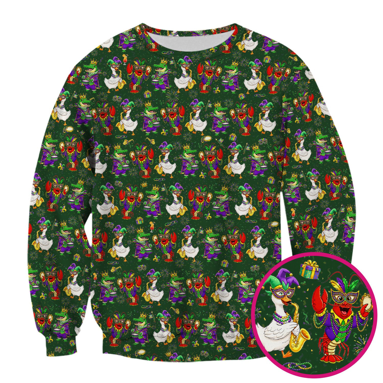 Crawfish And Duck Carnival Scrub Top, Mardi Gras Parade Pattern Nurse Shirt, Breathable Fabrics Nursing Uniform
