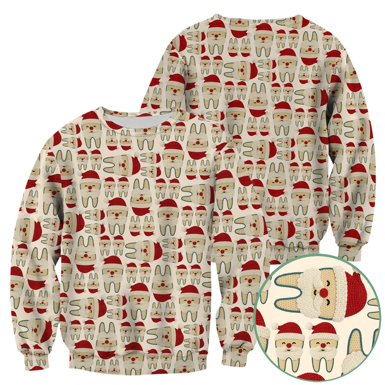 Christmas Tooth Scrub Top - Cute Santa Tooth Pattern for Dentists & Hygienists - Crochet Style Holiday Medical Uniform for Women