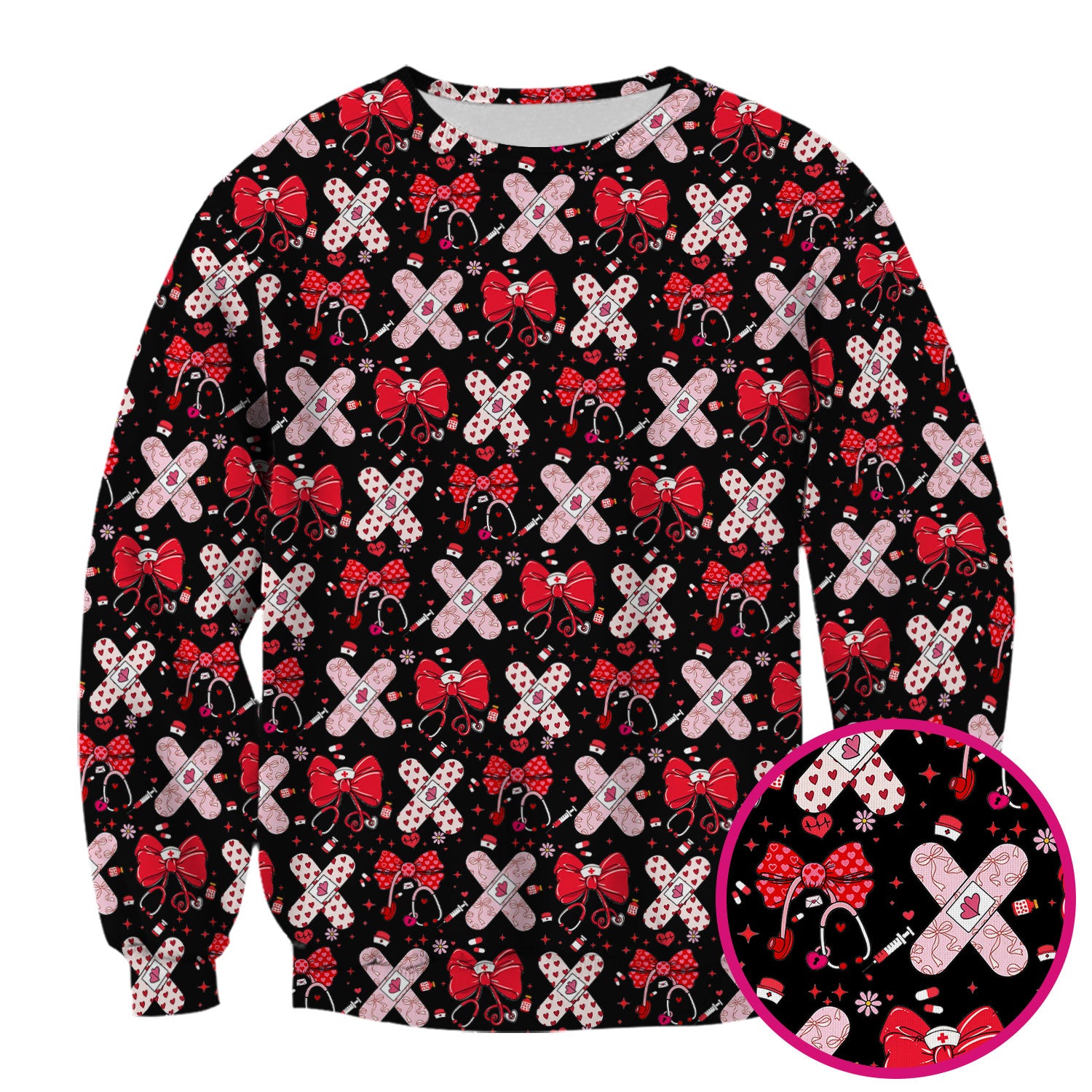 Valentine Nurse Scrub Top, Red Bow And Heart Bandage Pattern Medical Shirt, Breathable Fabrics Nursing Uniform