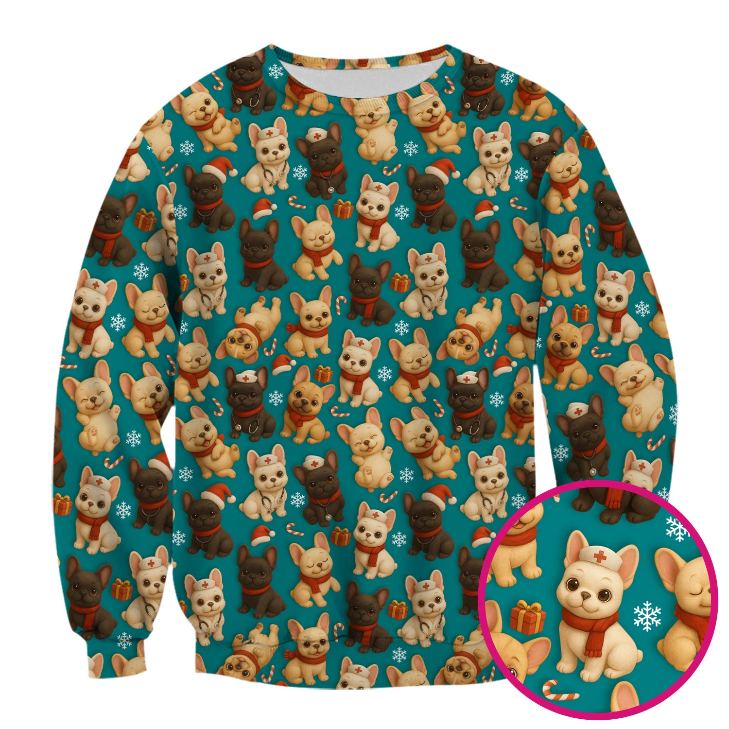 French Bulldog Scrubs Christmas Top for Nurses - Cute Holiday Dog Pattern with Gifts, Candy Canes & Nurse Icons - Festive Christmas Scrubs Shirt for Women