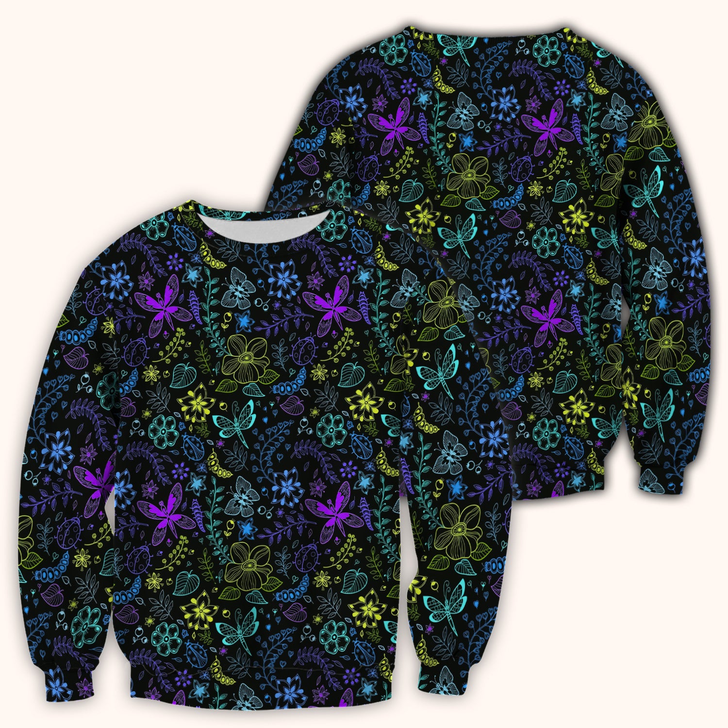 Neon Butterfly and Floral Garden Pattern Scrub Top, Comfortable Scrubs for Nurses