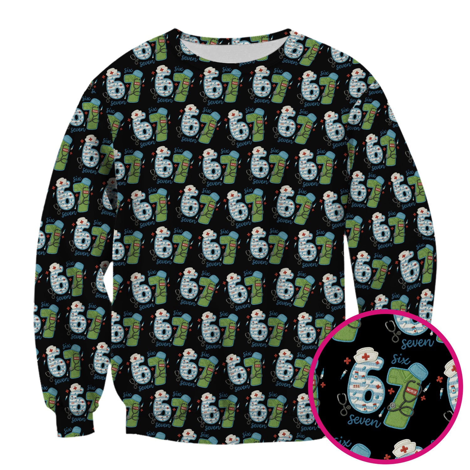 Nurse Six Seven Pattern Scrub Top, Cute Medical Number Print Shirt for Nursing Professionals
