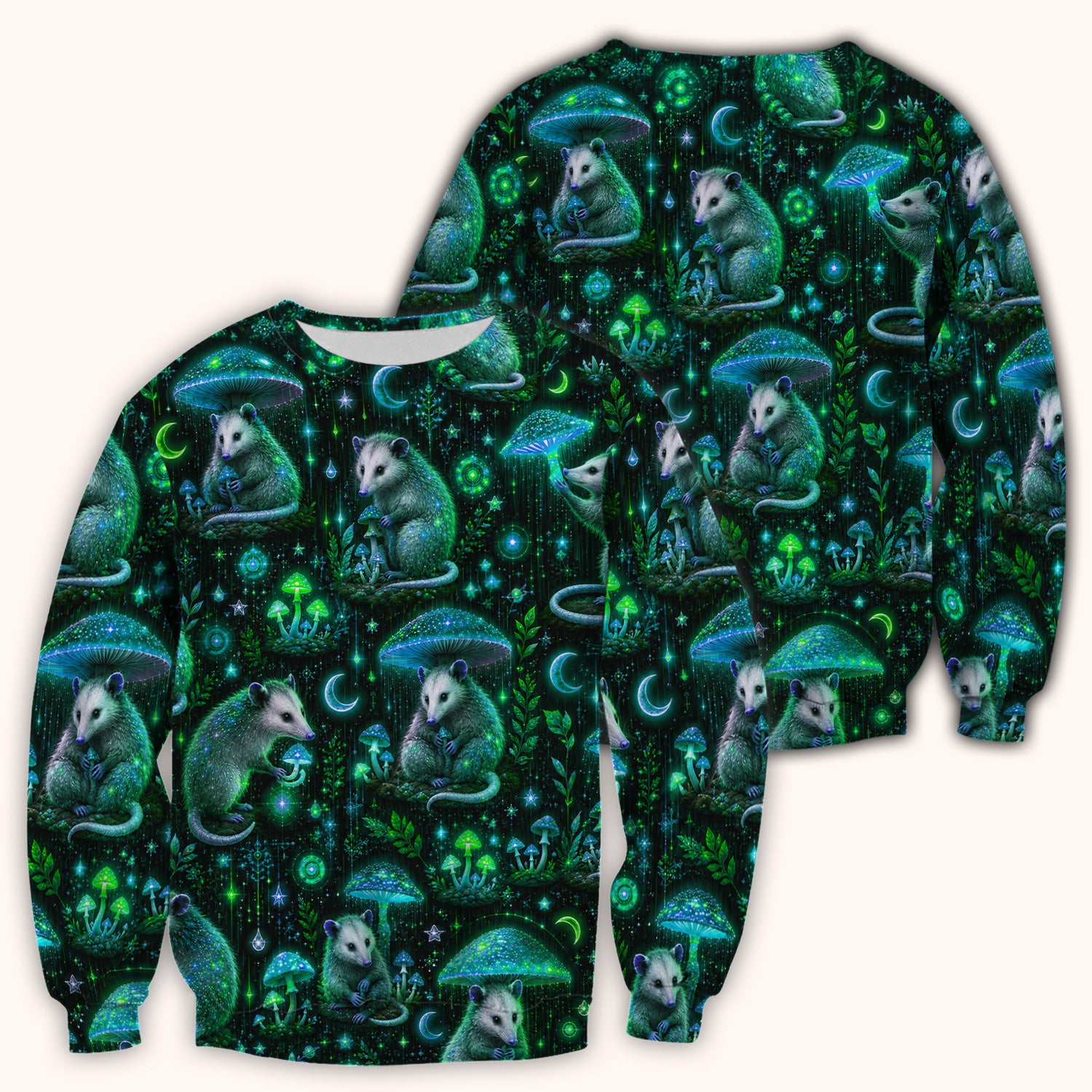 Moonlit Opossum Mushroom Pattern Scrub Top, Comfortable Scrubs for Nurses
