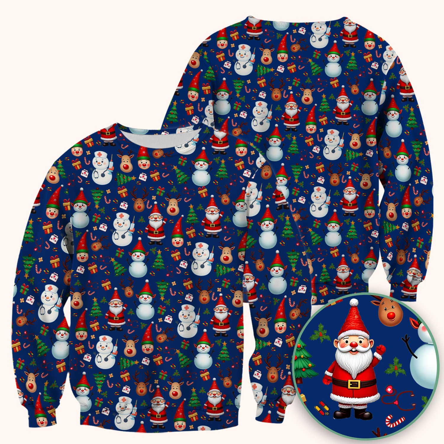 Christmas Scrub Top for Nurses - Cute Snowman Reindeer Santa Pattern - Holiday Medical Uniform RN CNA LPN Gift