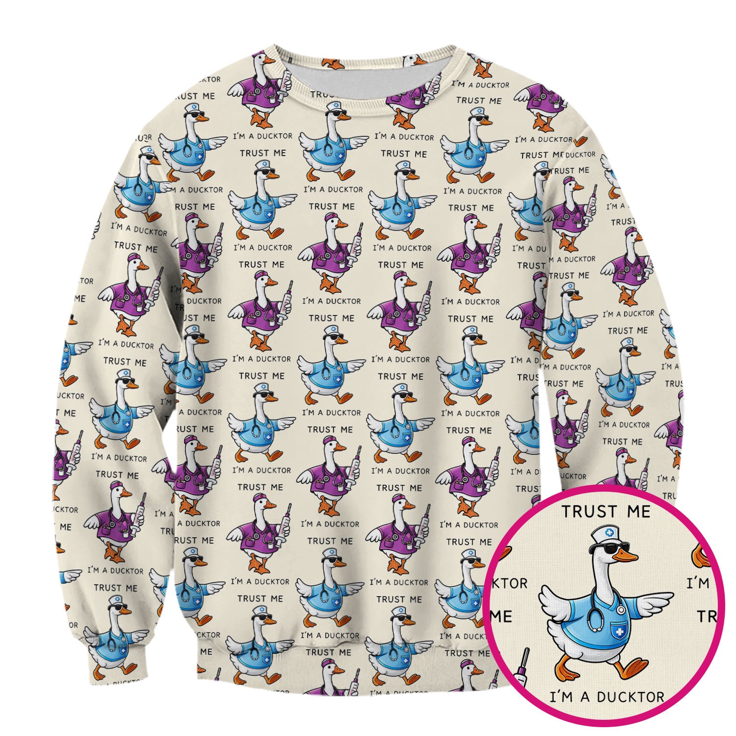Funny Duck Cartoon Medical Pattern Scrub Top, Comfortable Scrubs for Nurses