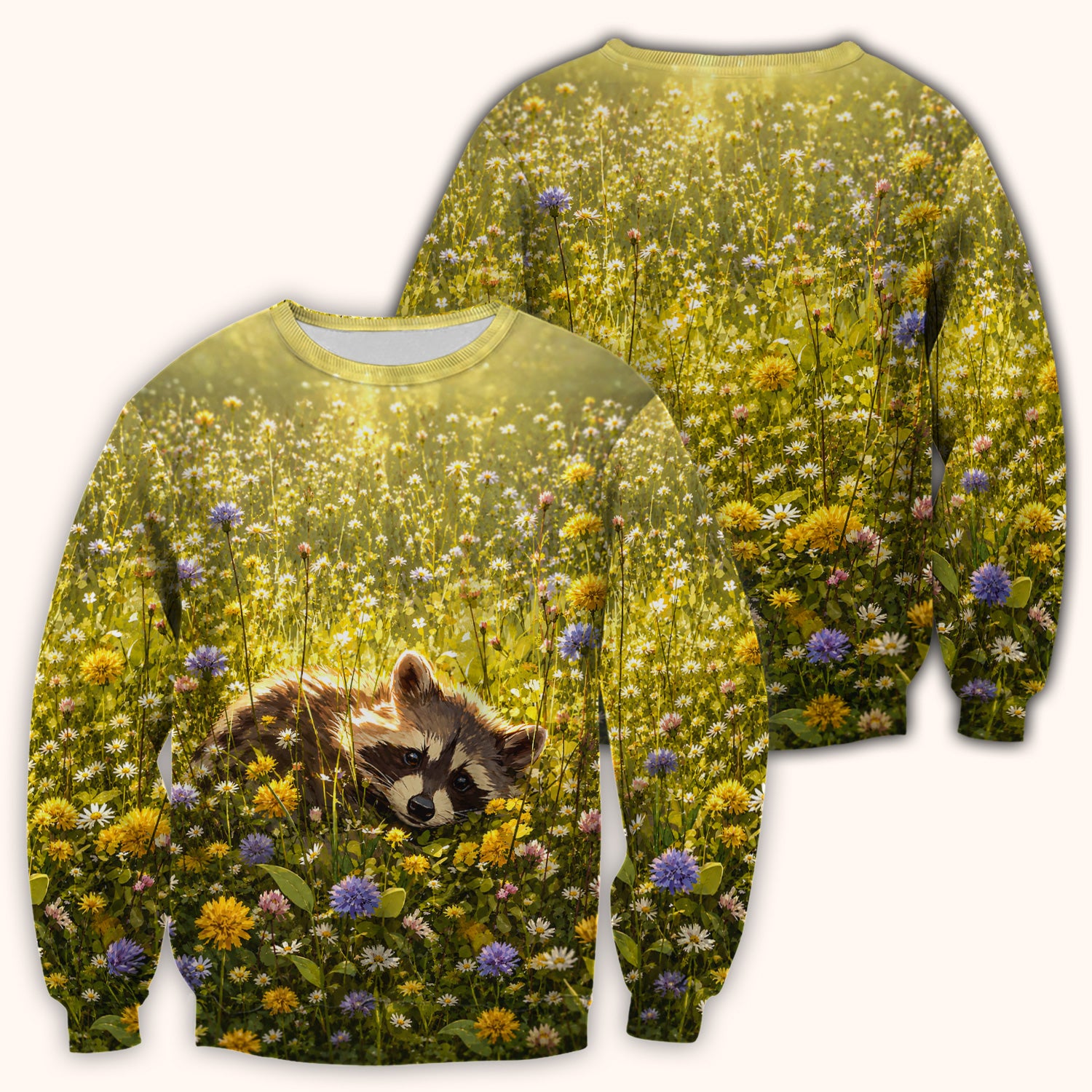 Meadow Raccoon Wildflower Garden Pattern Scrub Top, Comfortable Scrubs for Nurses