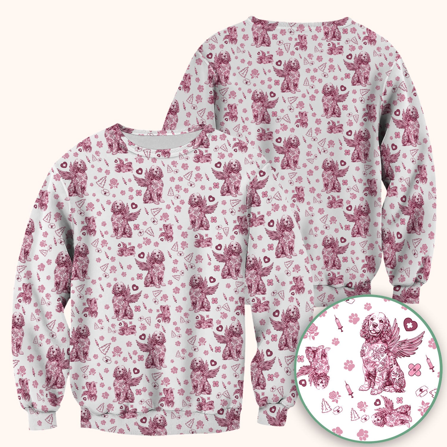 Toile De Jouy Scrubs for Nurses - Angel Puppy Medical Uniform - Floral Dog in Heaven Gift for Women, Vet Techs, RN CNA LPN
