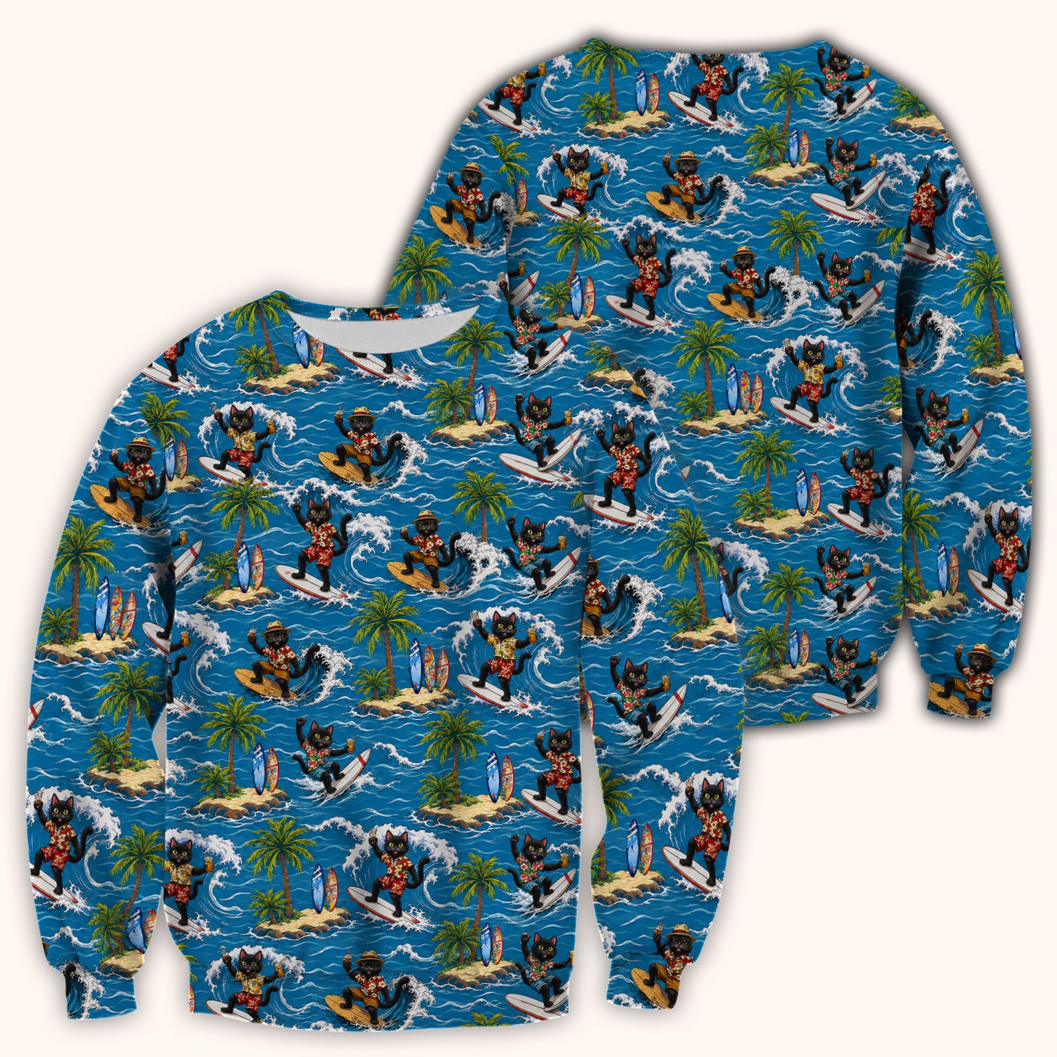 Tropical Black Cat Surfer Island Pattern Scrub Top, Comfortable Scrubs for Nurses