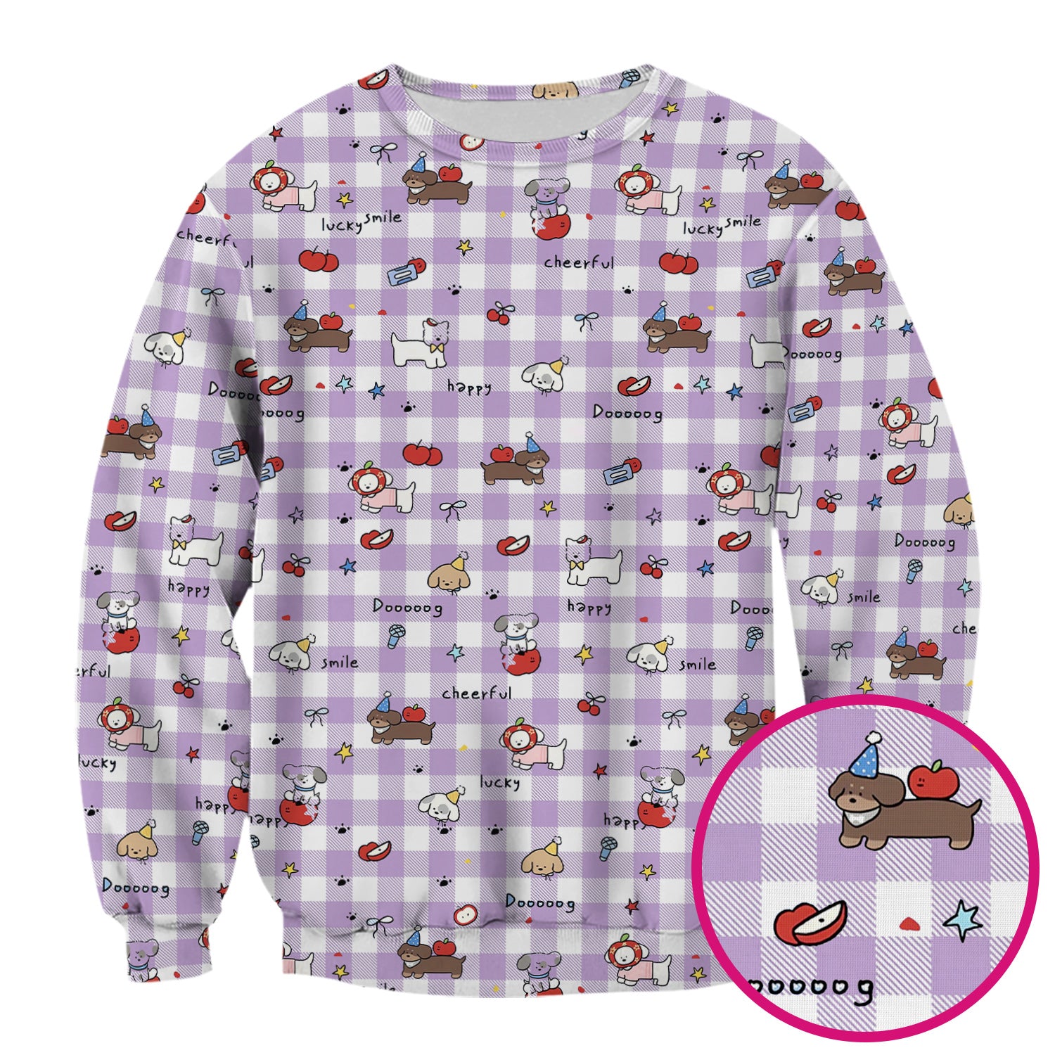 Cute Nurse Cartoon Puppy Apple Gingham Scrub Top, Breathable Fabrics Nursing Uniform