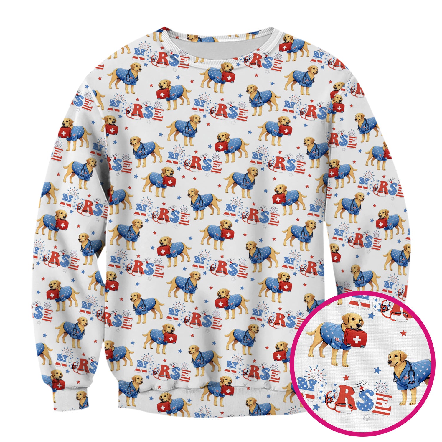 Patriotic Nurse Dog Medical Pattern Scrub Top, Breathable Fabrics Nursing Uniform