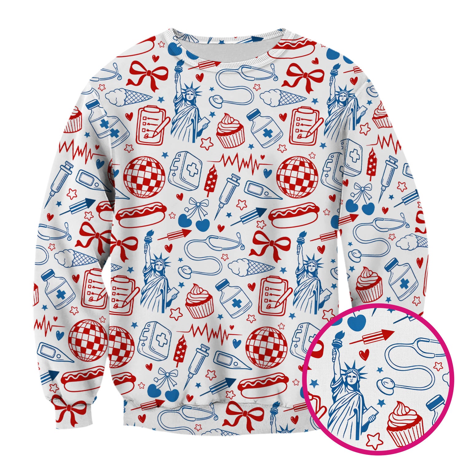 Patriotic Nurse Medical Icons Pattern Scrub Top, Breathable Fabrics Nursing Uniform