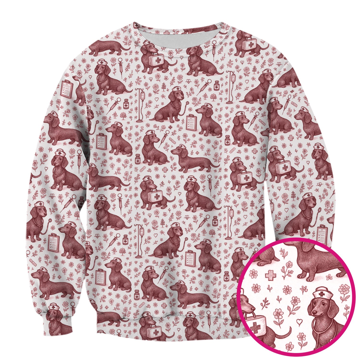 Dachshund Nurse Scrub Top - Cute Dog Pattern Scrubs for Women - Funny Medical Shirt with Vintage Line Art Design