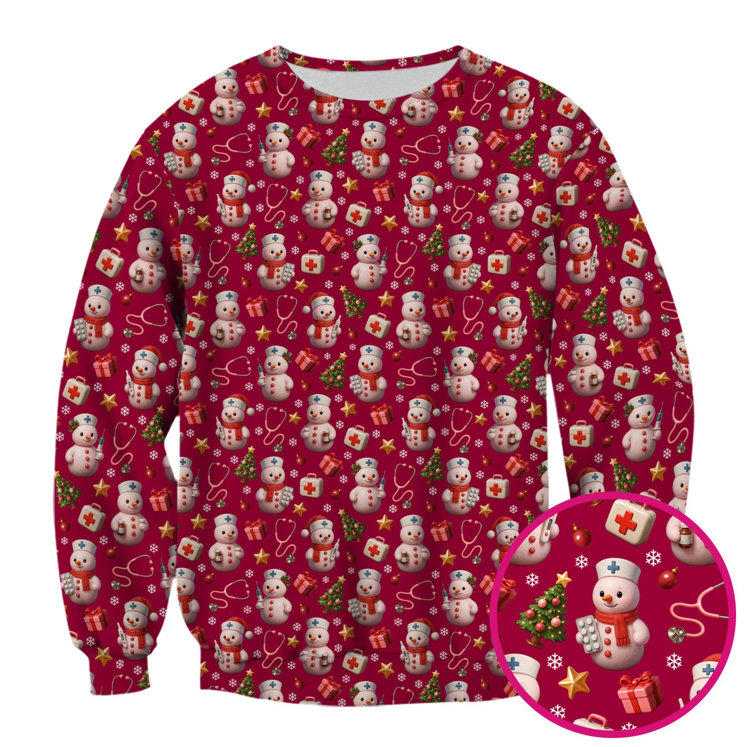 Snowman Pattern Christmas Nurse Scrub Top - Cute Holiday Medical Shirt - Funny Festive Scrubs Gift for RN LPN CNA Nurses