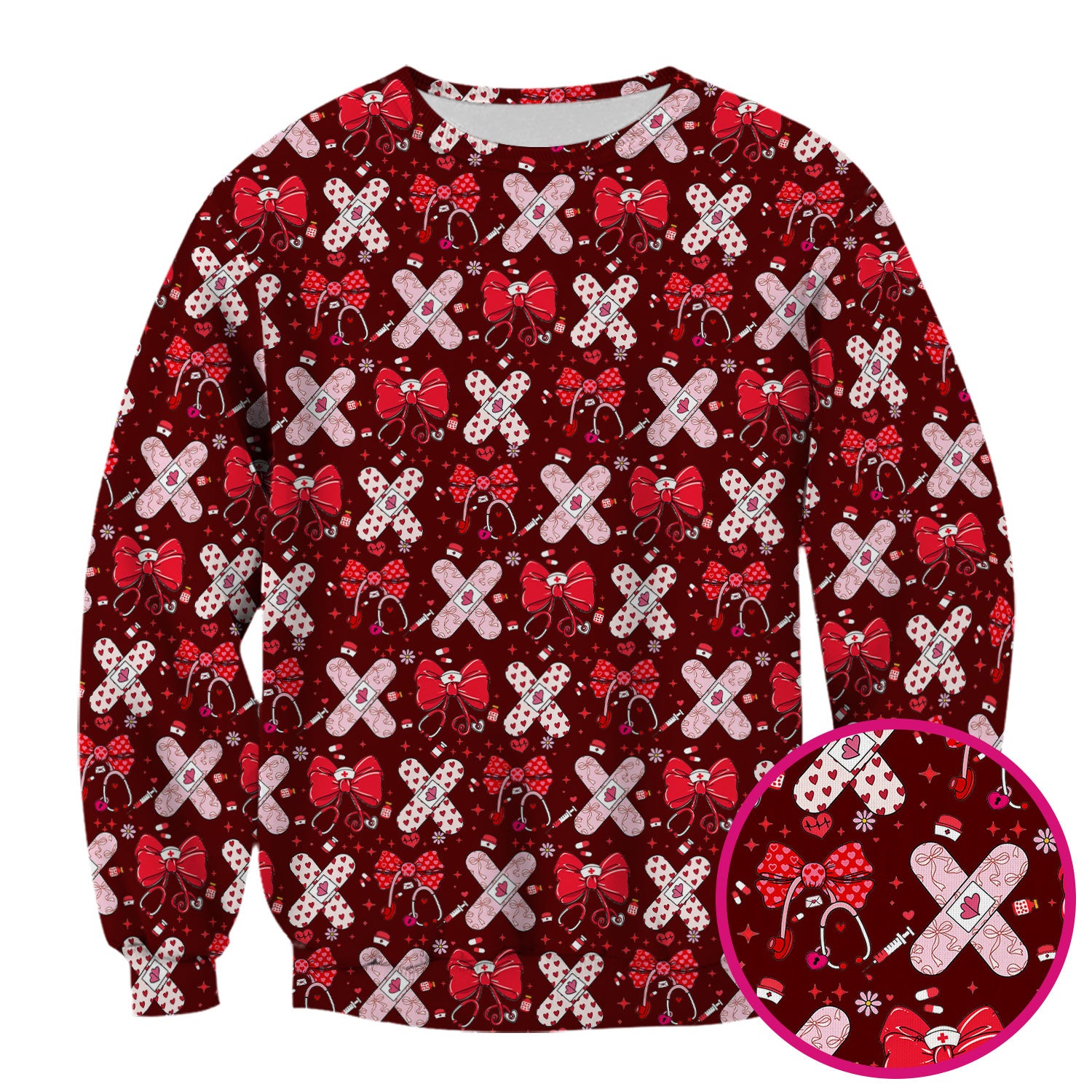 Valentine Nurse Scrub Top, Red Bow And Heart Bandage Pattern Medical Shirt, Breathable Fabrics Nursing Uniform