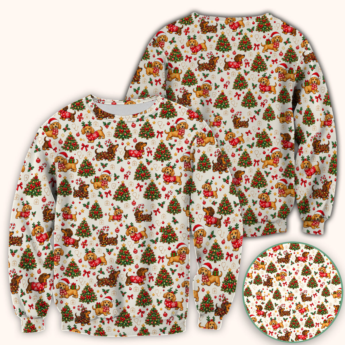 Cute Christmas Dachshund And Tree Pattern Scrub Top, Comfortable Scrubs for Nurses