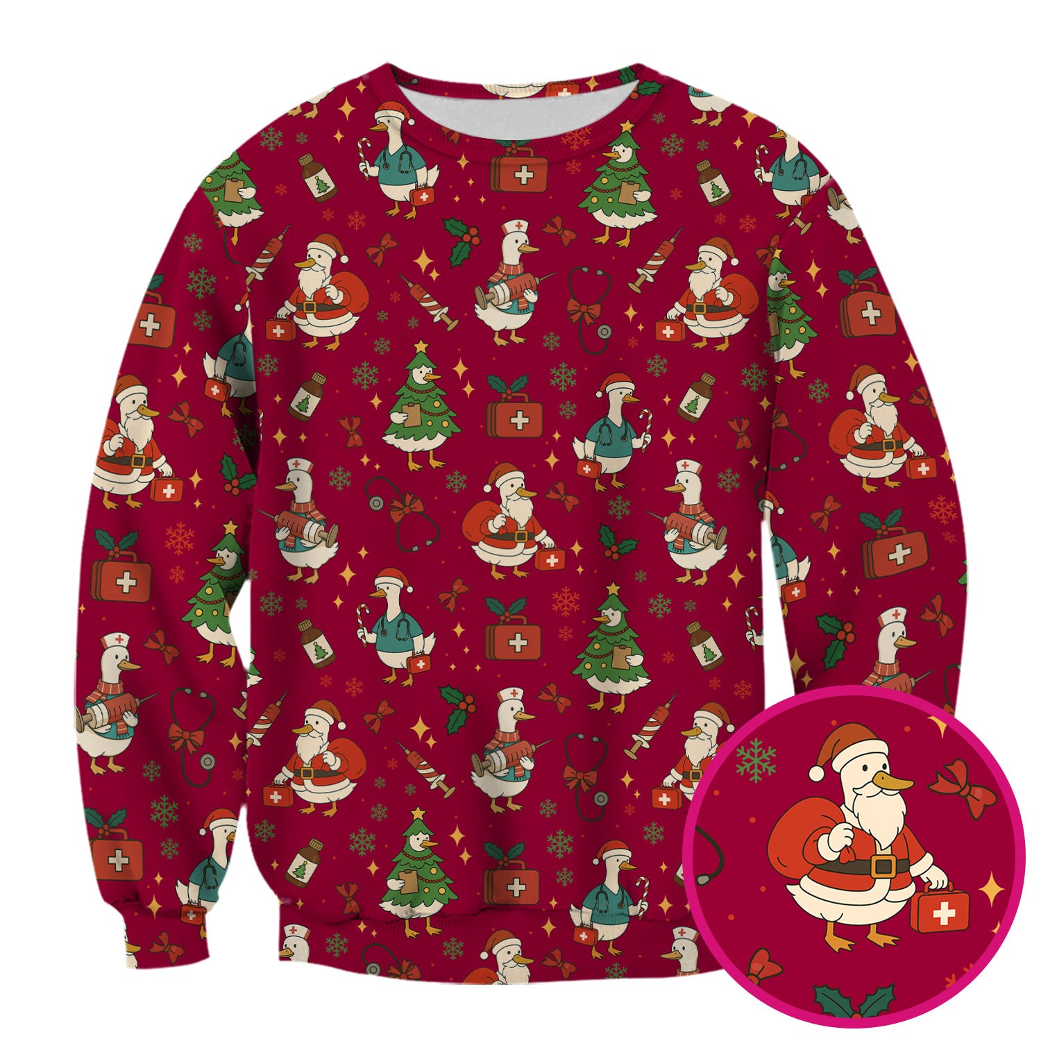 Christmas Duck Nurse Scrub Top for Women - Cute Santa Claus Pattern - Funny Holiday Nursing Shirt Gift for RN LPN CNA