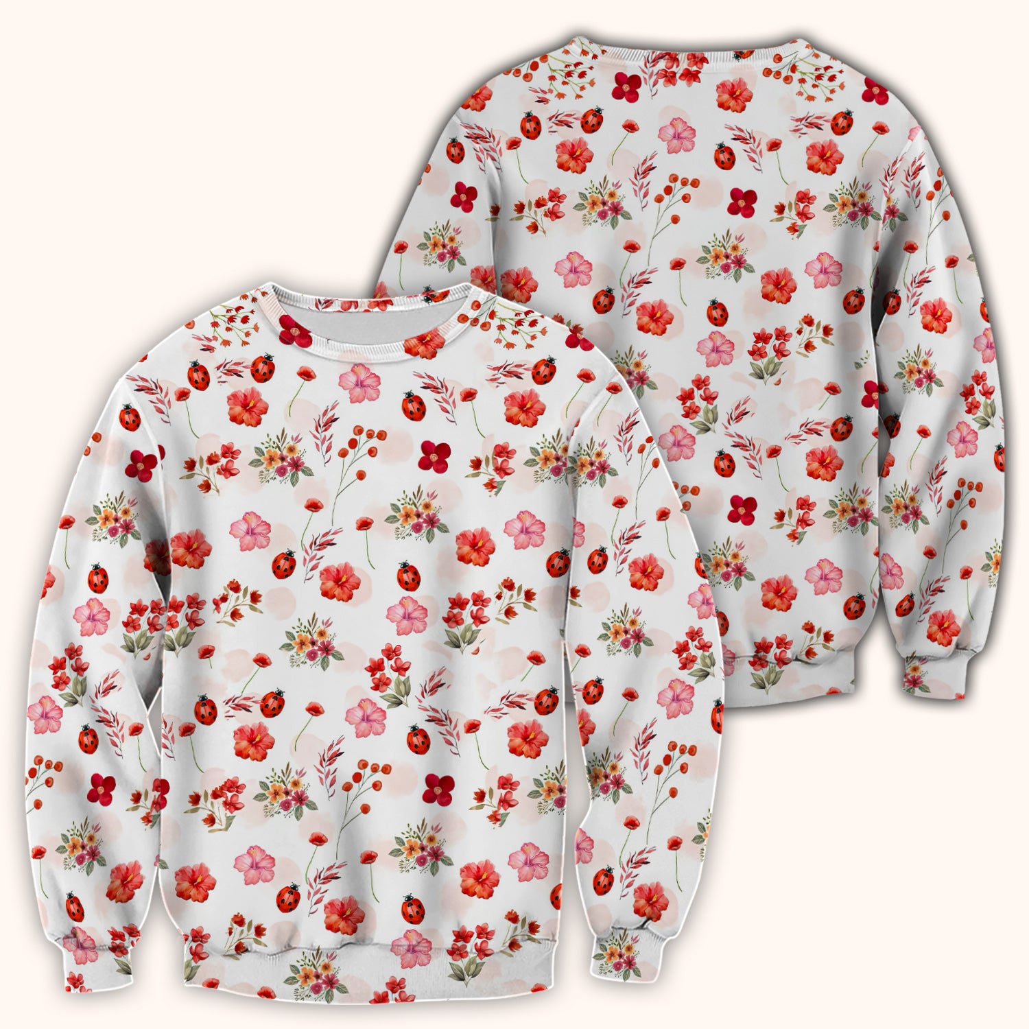 Red Ladybug Floral Garden Pattern Scrub Top, Comfortable Scrubs for Nurses