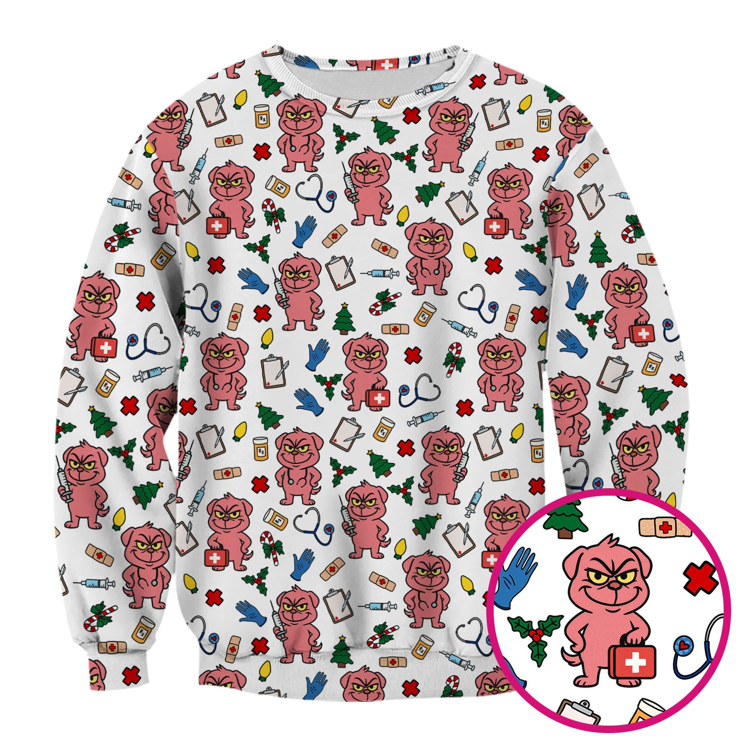 Funny Pink Dog Christmas Scrub Top - Holiday Nurse Scrubs for Women - Cute Medical Pattern with Tree, Lights and Stethoscope Print