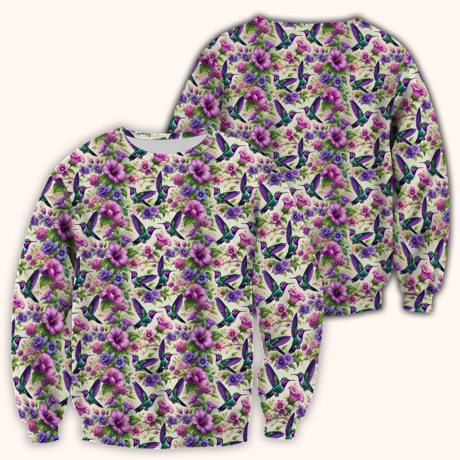 Purple Hummingbird Hibiscus Floral Pattern Scrub Top, Comfortable Scrubs for Nurses