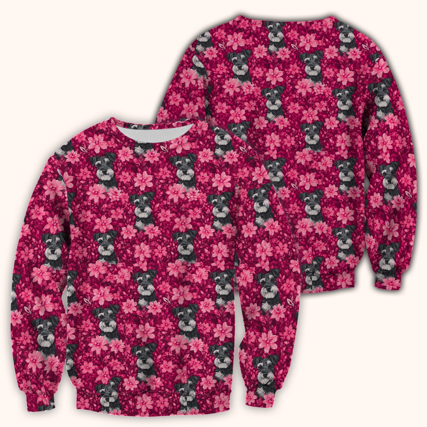 Pink Floral Schnauzer Pattern Scrub Top, Comfortable Scrubs for Nurses