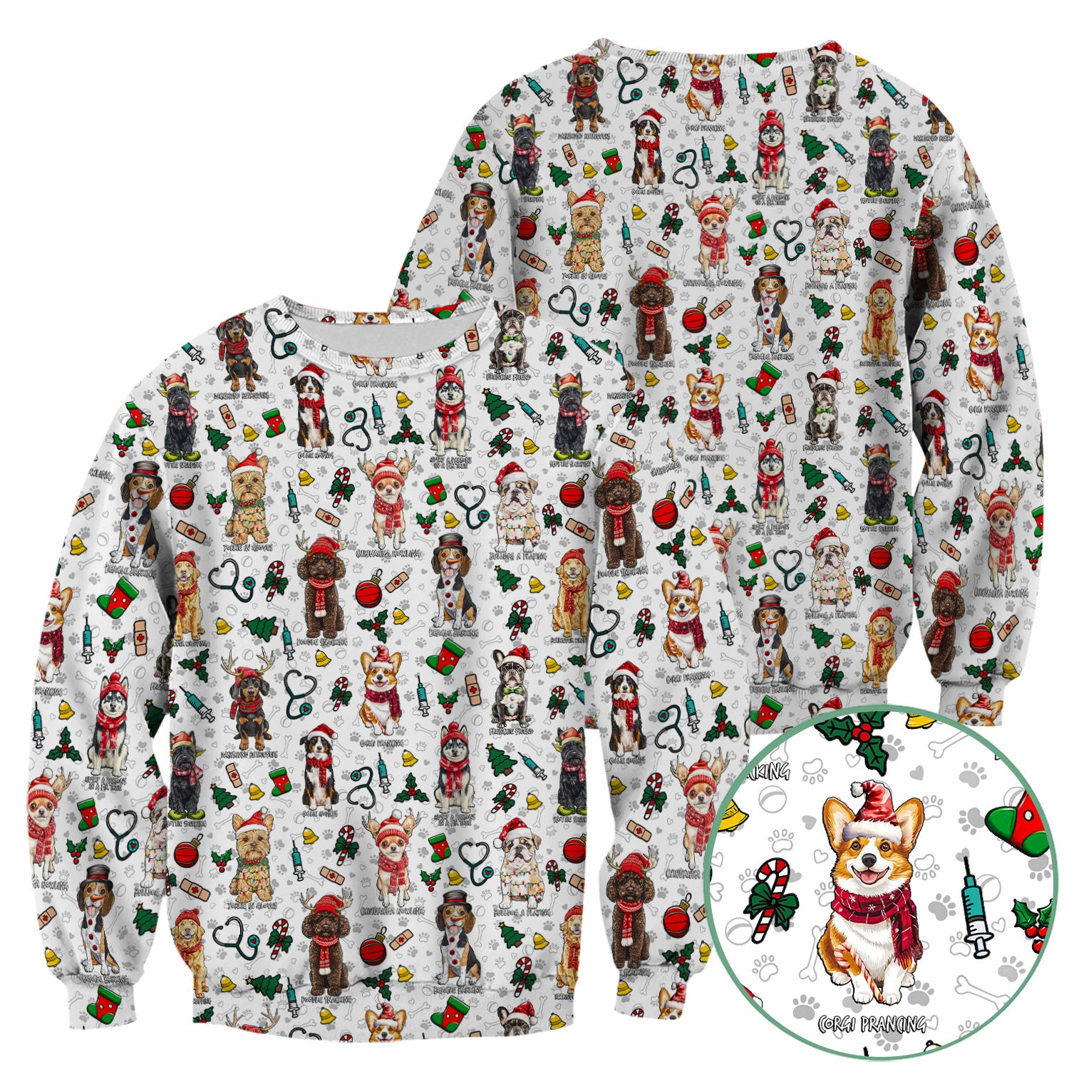 Cute Christmas Dog Scrubs for Nurses - Corgi, Dachshund, Husky, Poodle & Labrador - Funny Holiday Medical Scrub Top for Women
